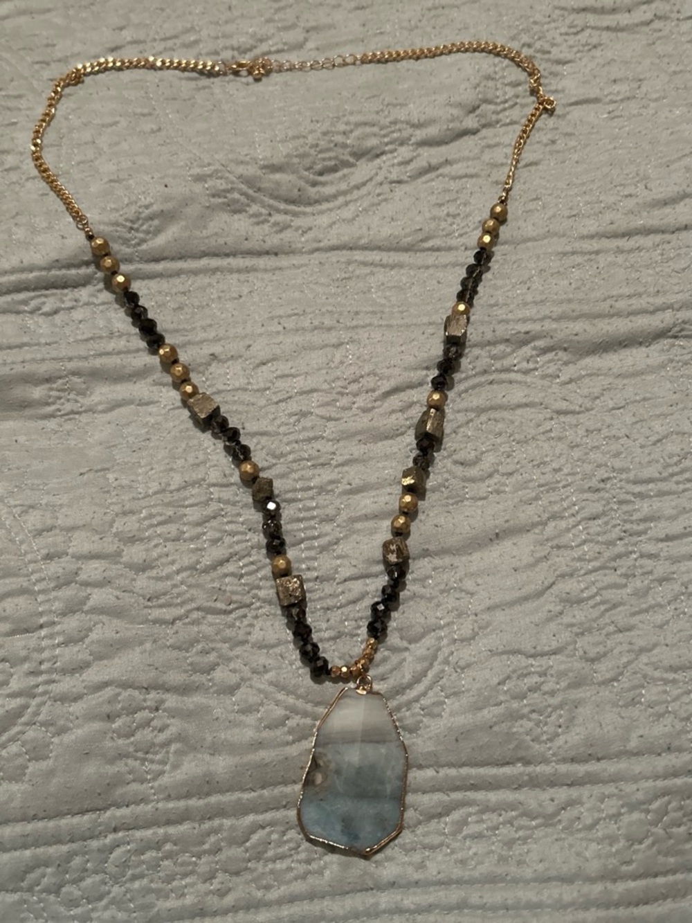 Gold-Tone Black Beaded Necklace with Blue Agate Pendant